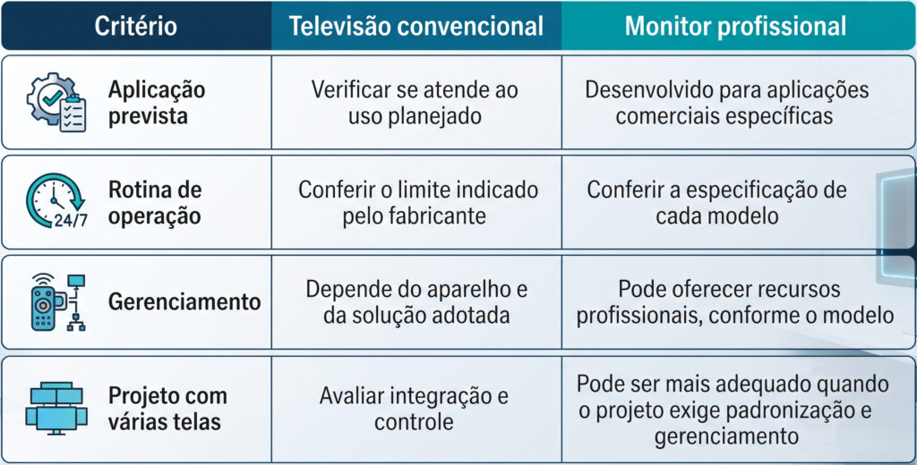 Tabela compara televisão convencional e monitor profissional em quatro critérios: aplicação prevista, rotina de operação, gerenciamento e uso em projetos com várias telas.
