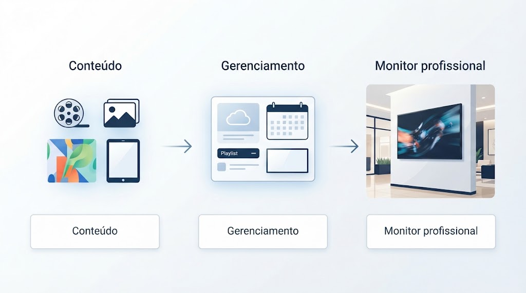 Diagrama com os três elementos de uma solução de Digital Signage: monitor profissional, sistema de gerenciamento de conteúdo e conteúdo