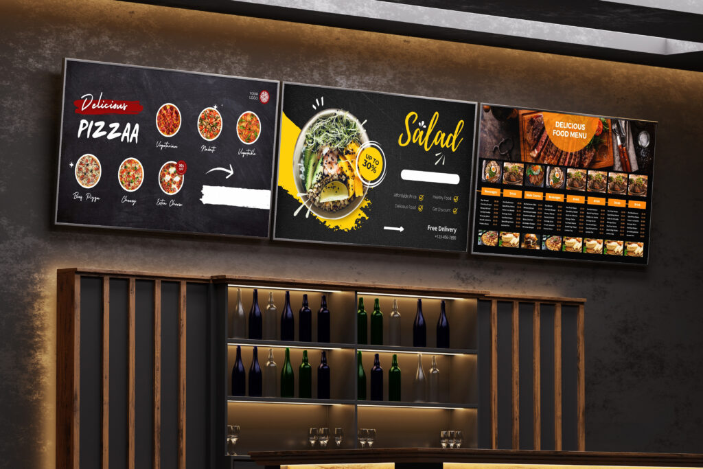 Telas digitais exibem cardápios e promoções em um restaurante