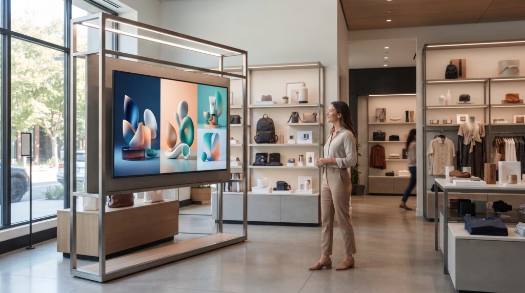 Tela digital exibe conteúdo promocional em uma loja, enquanto uma cliente observa os produtos
