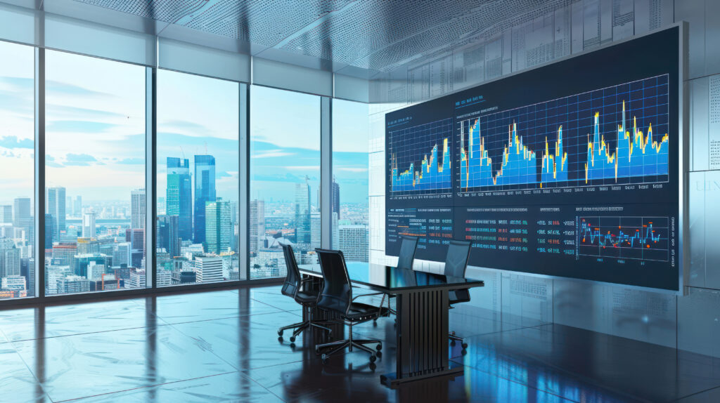 Sala de controle com uma grande tela exibindo gráficos e painéis de monitoramento, diante de janelas com vista para a cidade
