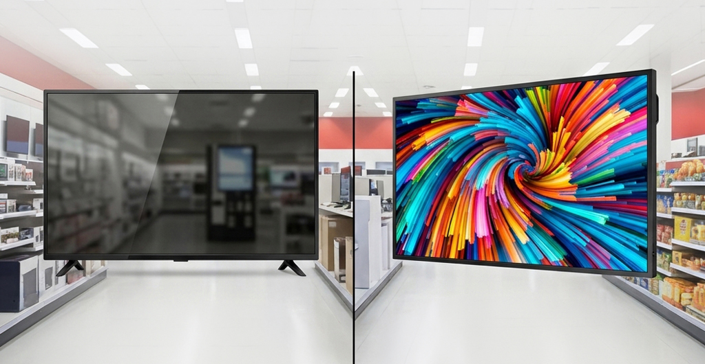 Comparação ilustrativa entre uma televisão convencional e um monitor profissional em uma loja