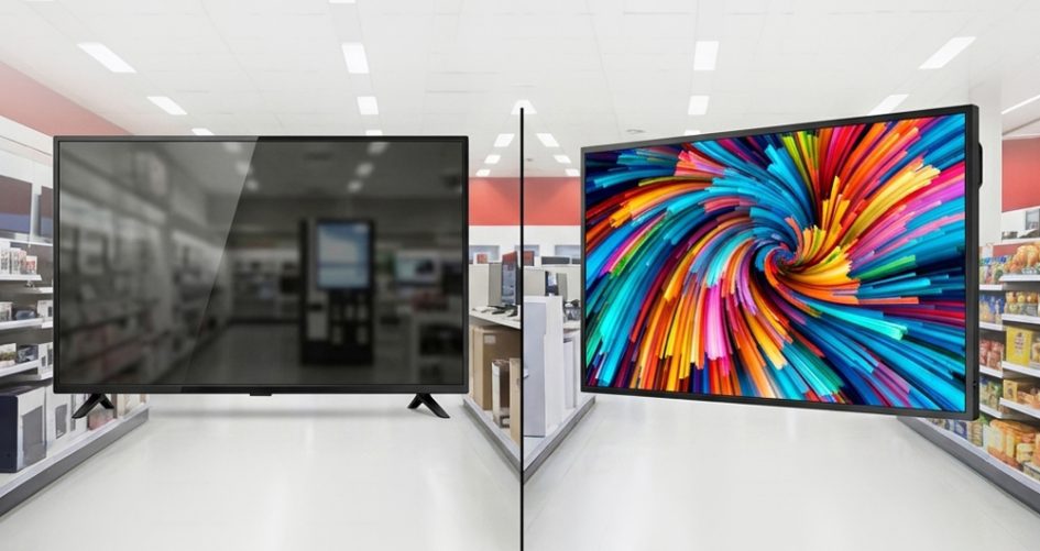 Comparação ilustrativa entre uma televisão convencional e um monitor profissional em uma loja